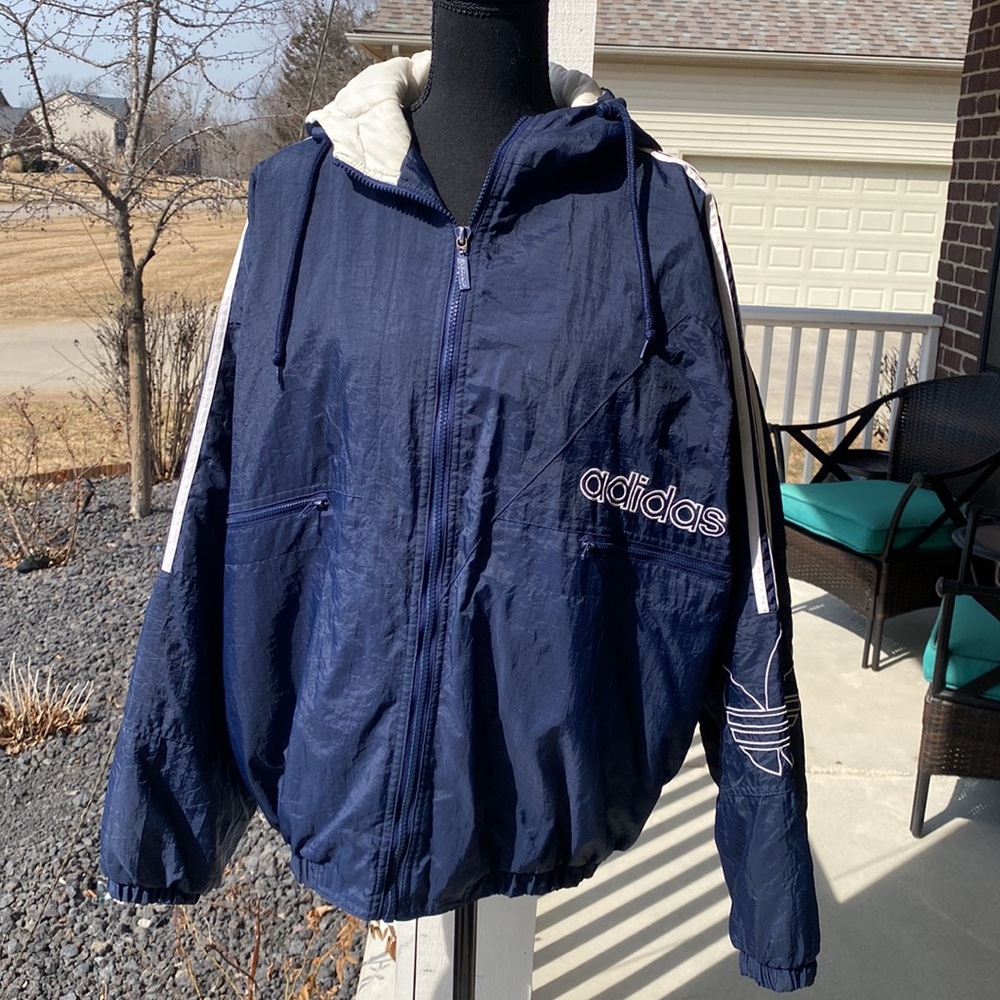 Adidas Vintage 90’s Large Navy Blue And White Zip Up Coat Jacket Trefoil Logo